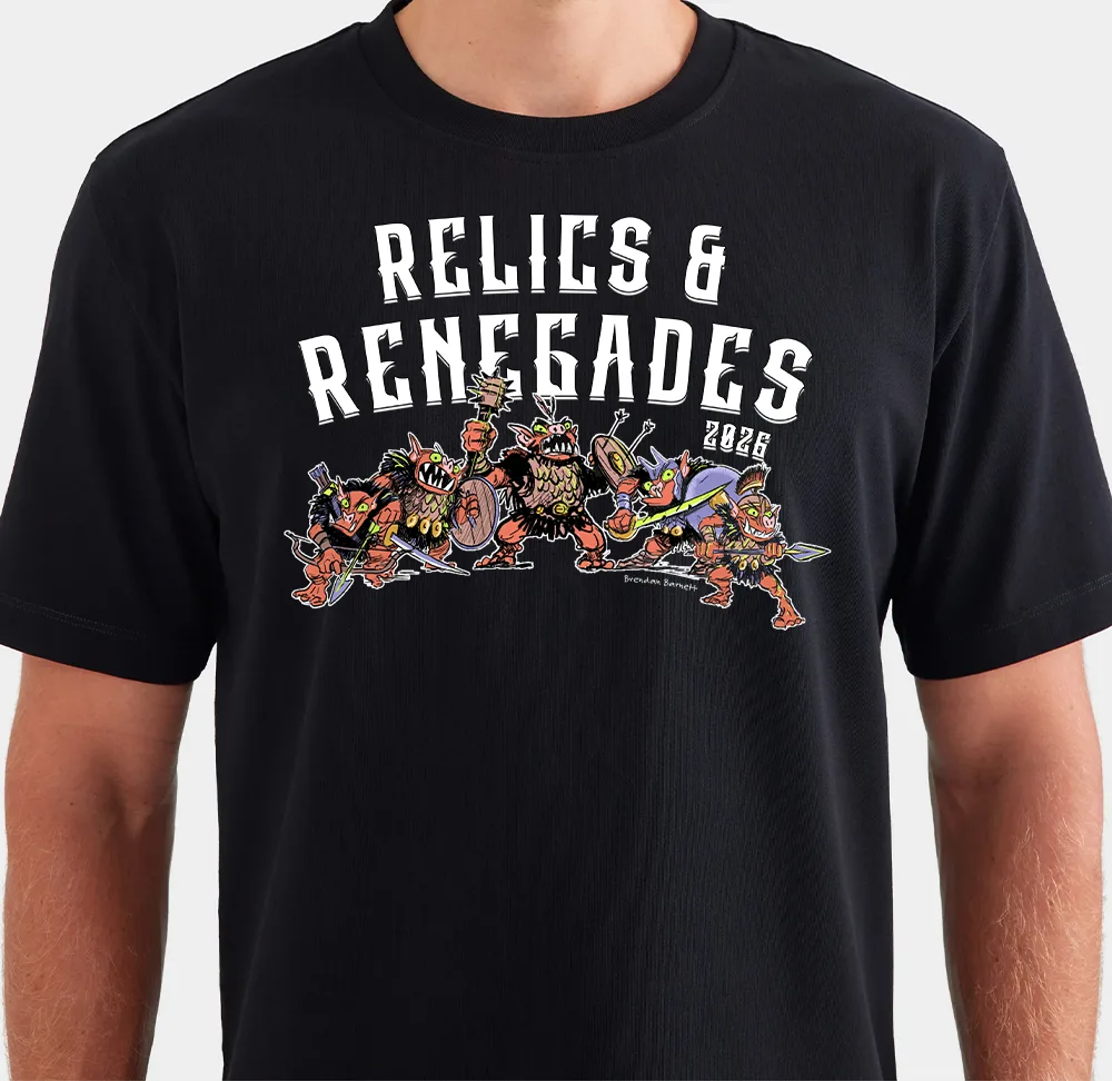 A black Relics & Renegades 2026 T-shirt, worn, with a goblin war band printed across the chest