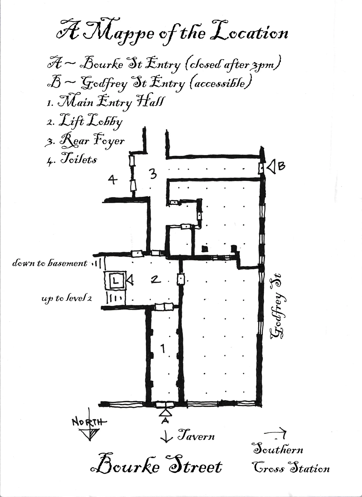 Access map for The Depot, Donkey Wheel House: entry A on 673 Bourke Street (closed after 3pm) and entry B on Godfrey Street (accessible), showing the entry hall, lift lobby, rear foyer and toilets.